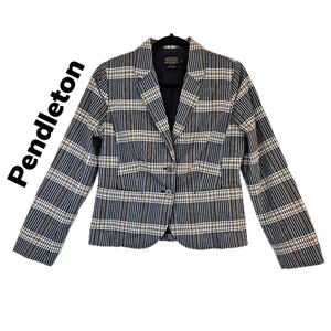 Pendelton Womens All Cotton Short Jacket Blazer Sz 6P Blue, Ivory, Brown Blue